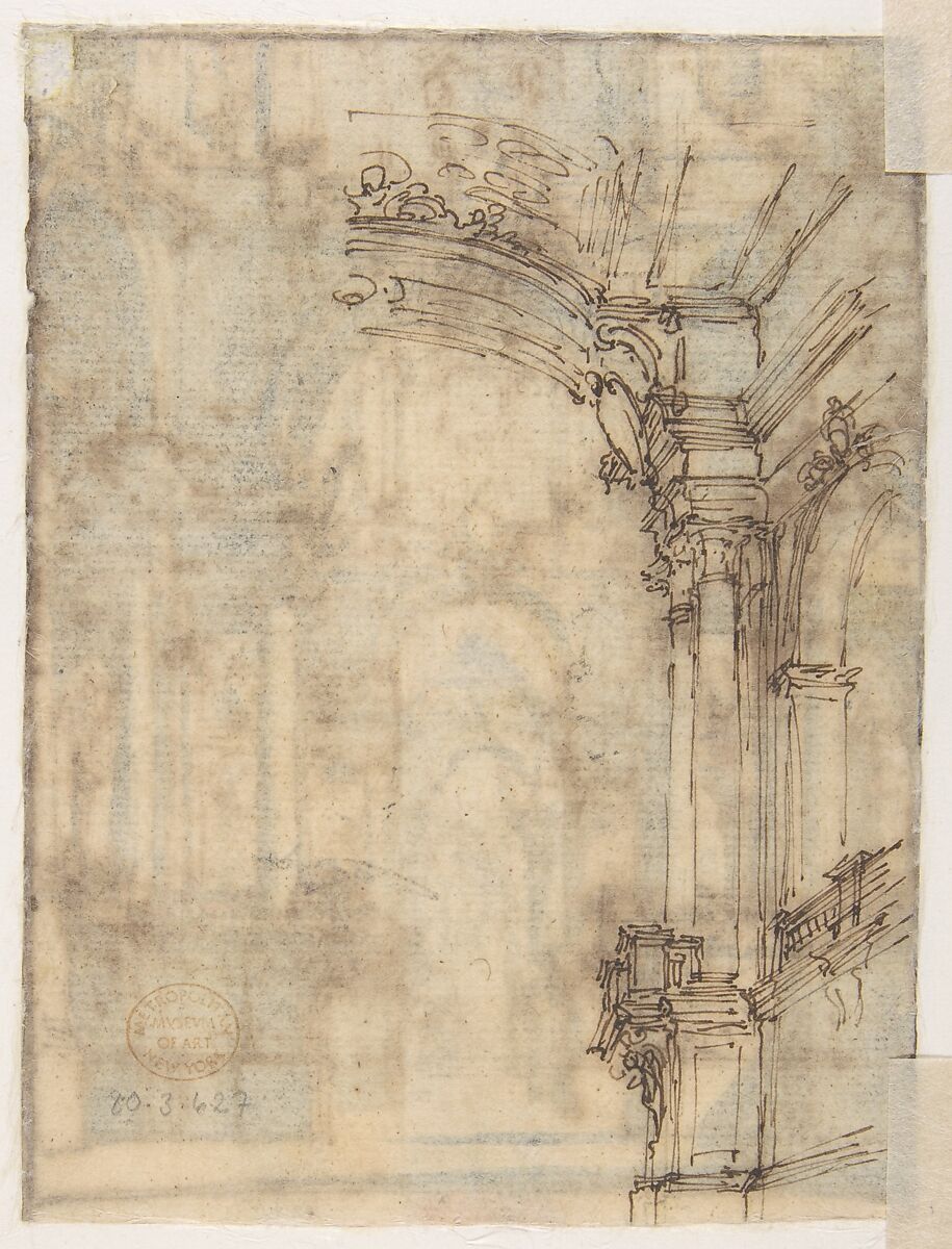 Design for a Stage Set (recto); Fragmentary Sketch of a Stage Set in Elevation (verso), Giovanni Battista Natali III (Italian, Pontremoli, Tuscany 1698–1765 Naples), Pen and brown ink, brush with brown and gray wash (recto); pen and brown ink (verso)