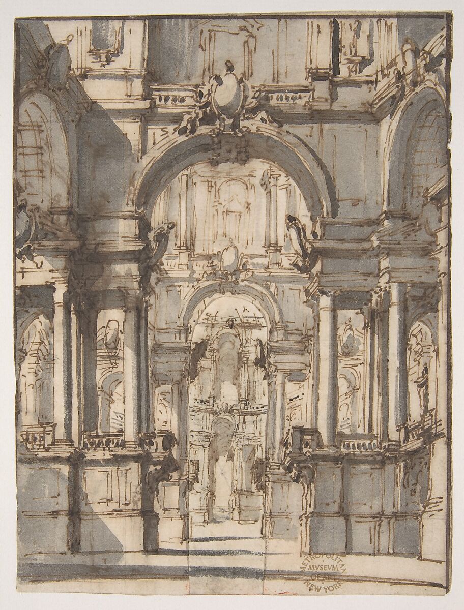 Design for a Stage Set (recto); Fragmentary Sketch of a Stage Set in Elevation (verso), Giovanni Battista Natali III (Italian, Pontremoli, Tuscany 1698–1765 Naples), Pen and brown ink, brush with brown and gray wash (recto); pen and brown ink (verso) 