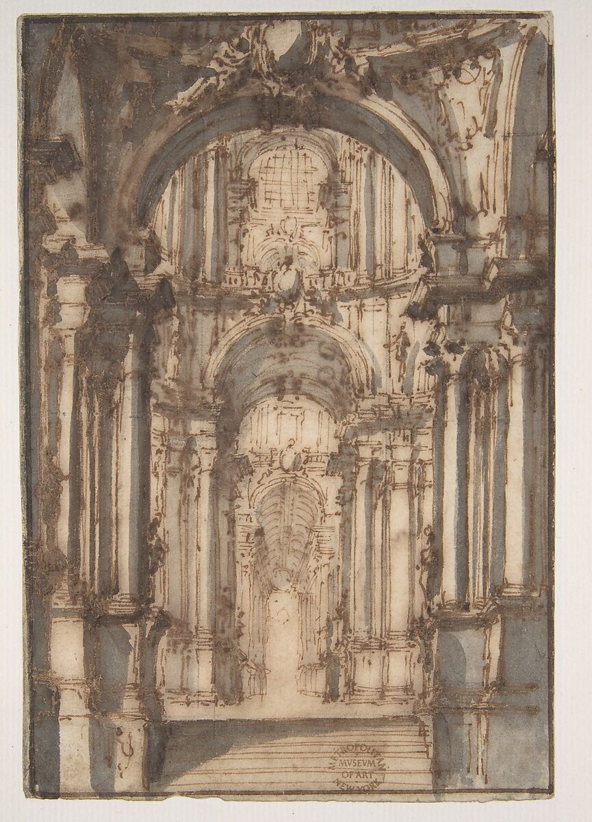 Design for a Stage Set (recto); Fragmentary Sketch of a Plan (verso), Giovanni Battista Natali III (Italian, Pontremoli, Tuscany 1698–1765 Naples), Pen and brown ink, brush with brown and gray wash (recto); pen and brown ink (verso) 
