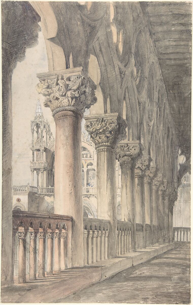 Loggia of the Ducal Palace, Venice, John Ruskin (British, London 1819–1900 Brantwood, Cumbria), Watercolor over graphite 