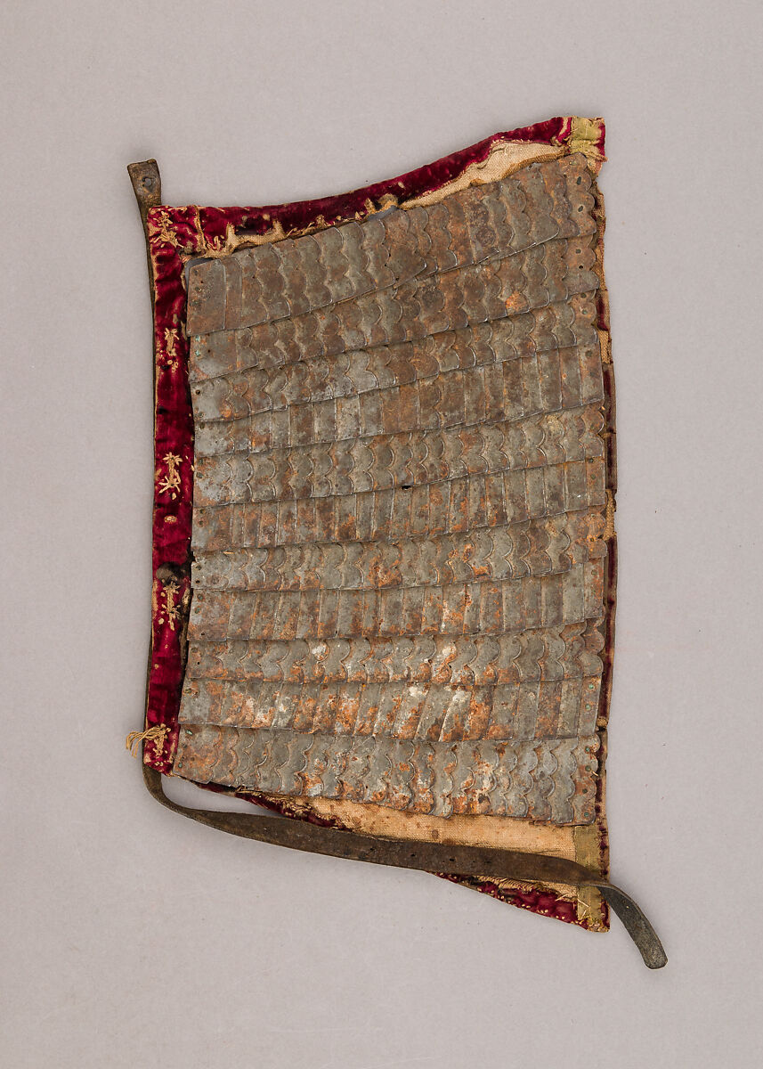 Pair of Brigandine Tassets, Metal, textile, gilded copper, leather., Italian