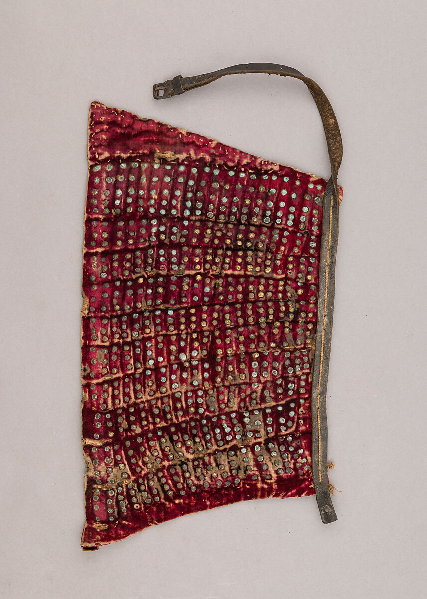 Pair of Brigandine Tassets, Metal, textile, gilded copper, leather., Italian