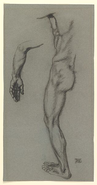 Study of the Left Arm and the Left Side of a Male Nude, Franz von Stuck (German, Tettenweis 1863–1928 Munich), Black chalk on blue paper 