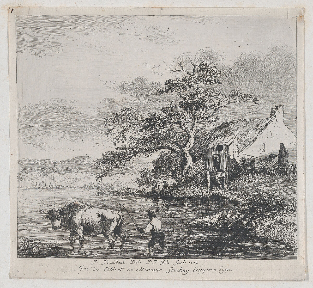 Herdsman and Bull, after Ruisdael, Jean Jacques de Boissieu (French, Lyons 1736–1810 Lyons), Etching with drypoint; fourth state of four 