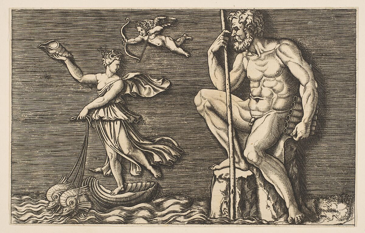 Galatea escaping Polyphemus; he is seated on a rock holding a staff and pipes and looking towards Galatea at right riding a shell pulled by two dolphins, Cupid flying above, Anonymous, Italian, 16th to early 17th century, Engraving 