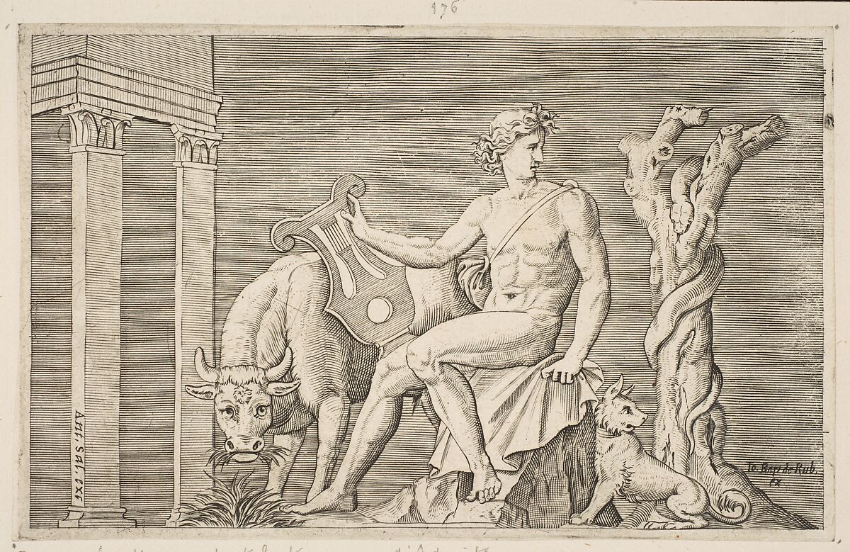 Apollo tending the flocks of Admetus, Apollo seated holding a lyre and flanked by a cow and a dog, a serpent winding around a dead tree at right, Marco Dente (Italian, Ravenna, active by 1515–died 1527 Rome), Engraving 