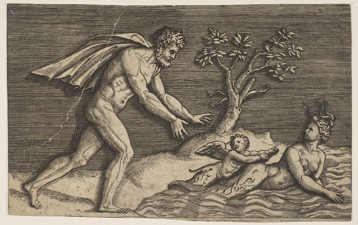 A naked man pursing a naiad and a cupid into the water, Marco Dente (Italian, Ravenna, active by 1515–died 1527 Rome), Engraving 