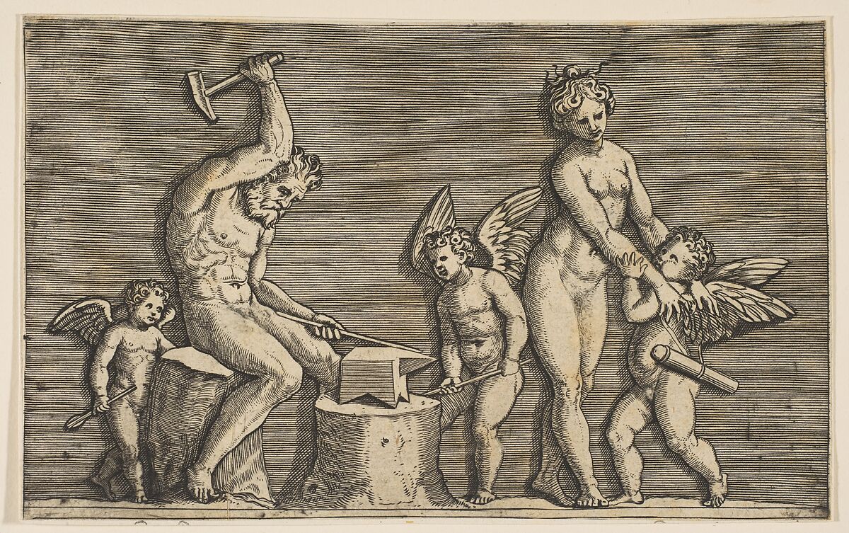 Vulcan seated hammering on an anvil flanked by Venus and three cupids, Marco Dente (Italian, Ravenna, active by 1515–died 1527 Rome), Engraving 