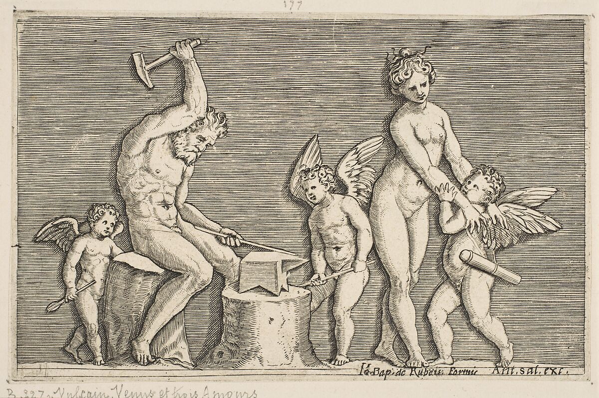 Vulcan seated hammering on an anvil flanked by Venus and three cupids, Marco Dente (Italian, Ravenna, active by 1515–died 1527 Rome), Engraving 