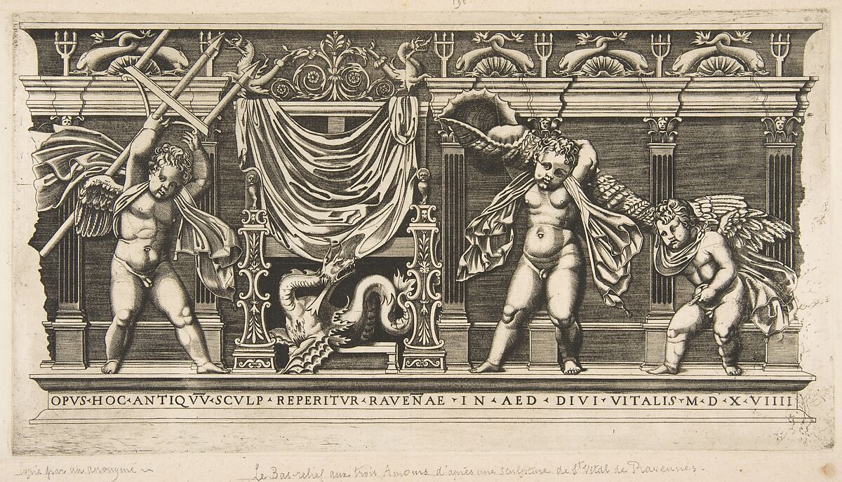 Three cupids in front of a facade with pilasters, one holding a trident and another a large shell, Anonymous, Italian, 16th to early 17th century, Engraving 