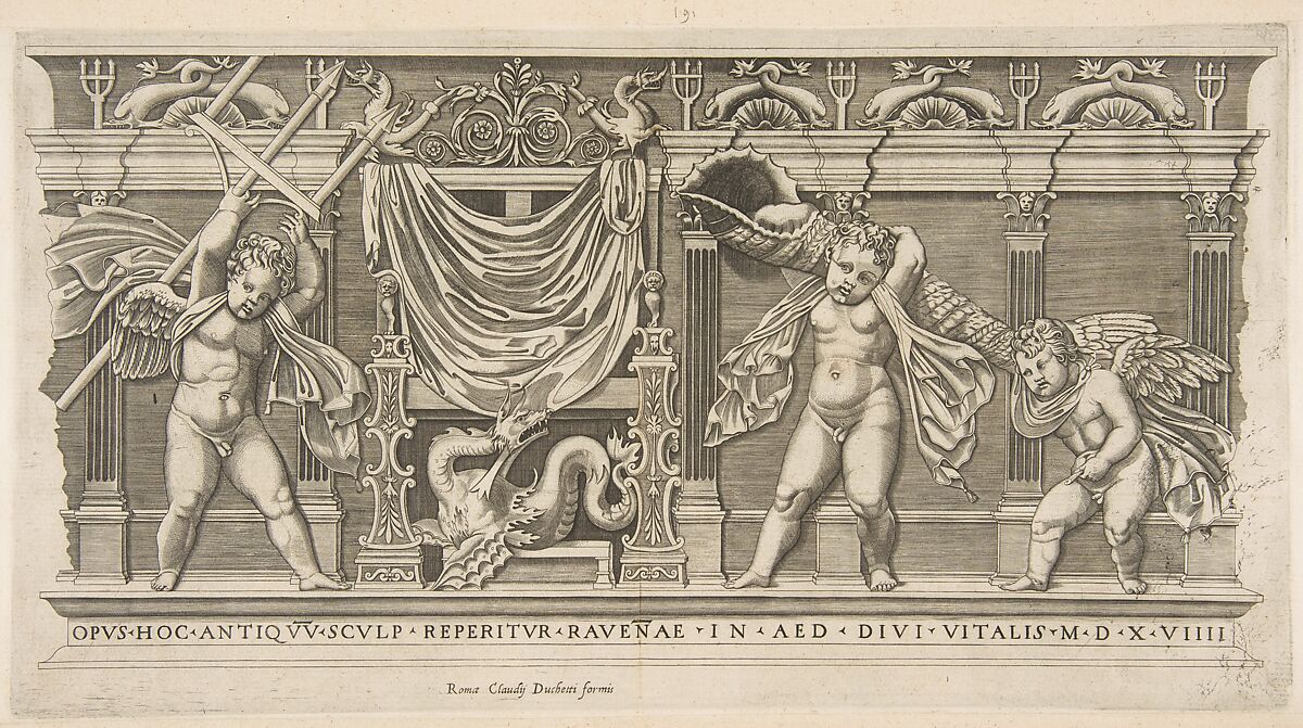 Three cupids in front of a facade with pilasters, one holding a trident and another a large shell, Anonymous, Italian, 16th to early 17th century, Engraving 