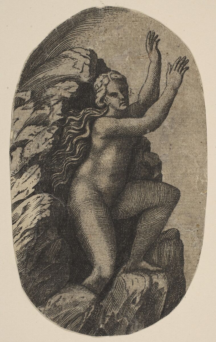 Eurydice naked standing on a rock, her arms raised to the right, Marco Dente (Italian, Ravenna, active by 1515–died 1527 Rome), Engraving 