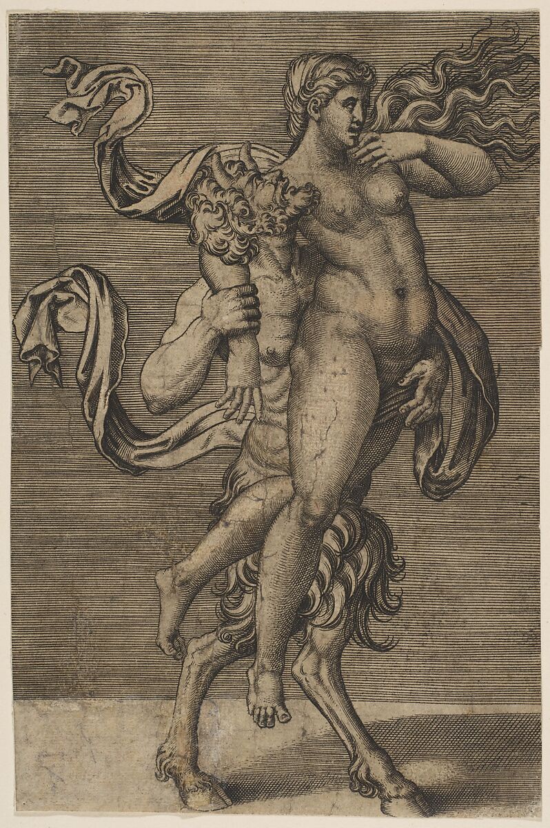 Satyr carrying a nymph restraining her right arm, Marco Dente (Italian, Ravenna, active by 1515–died 1527 Rome), Engraving 
