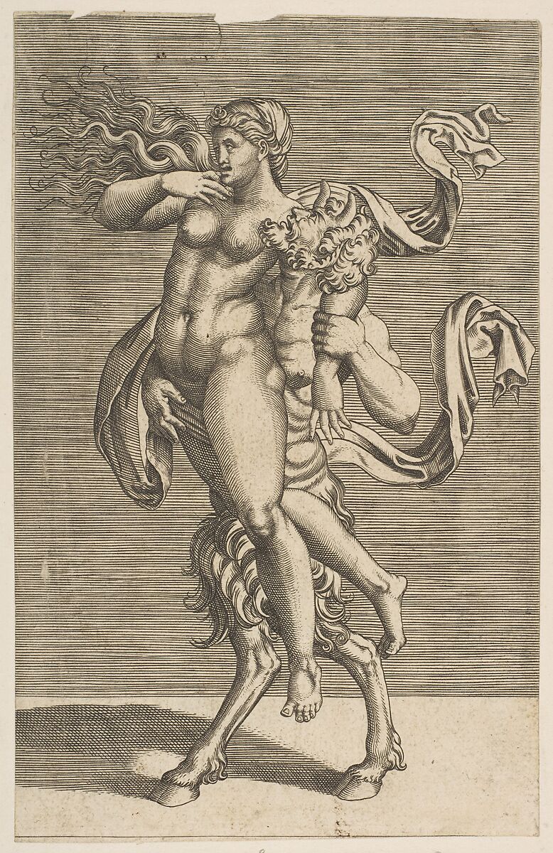 Satyr carrying a nymph restraining her right arm, Anonymous, Italian, 16th to early 17th century, Engraving 