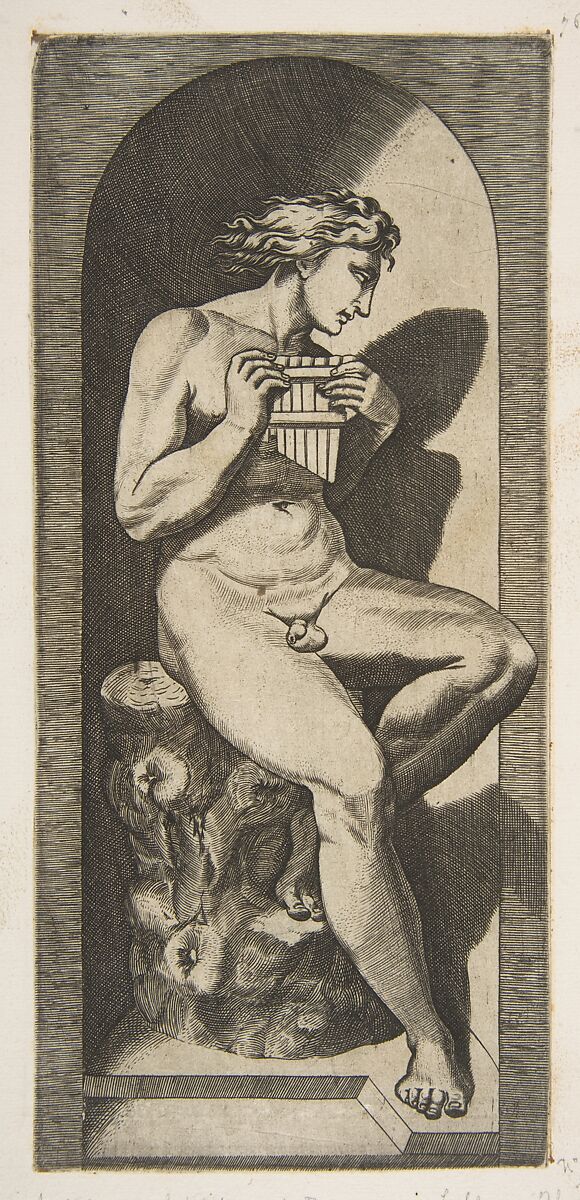 Olympus naked seated on a tree stump holding pipes, set within a niche, Marco Dente (Italian, Ravenna, active by 1515–died 1527 Rome), Engraving 