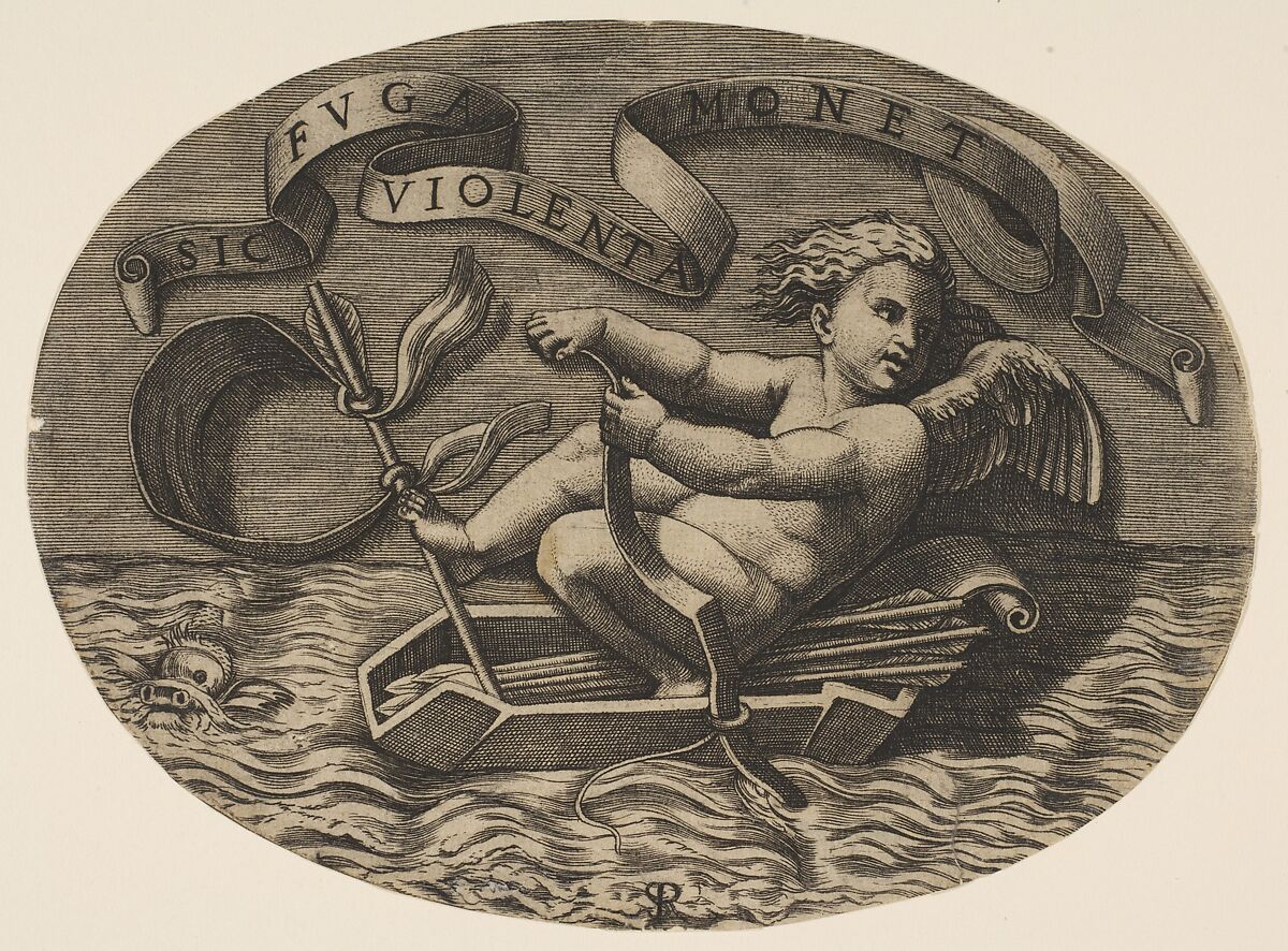 Eros escaping by sea using his bow to propel a boat made from his quiver with an arrow as the mast and his blindfold as the sail, a banderole above, Marco Dente (Italian, Ravenna, active by 1515–died 1527 Rome), Engraving 