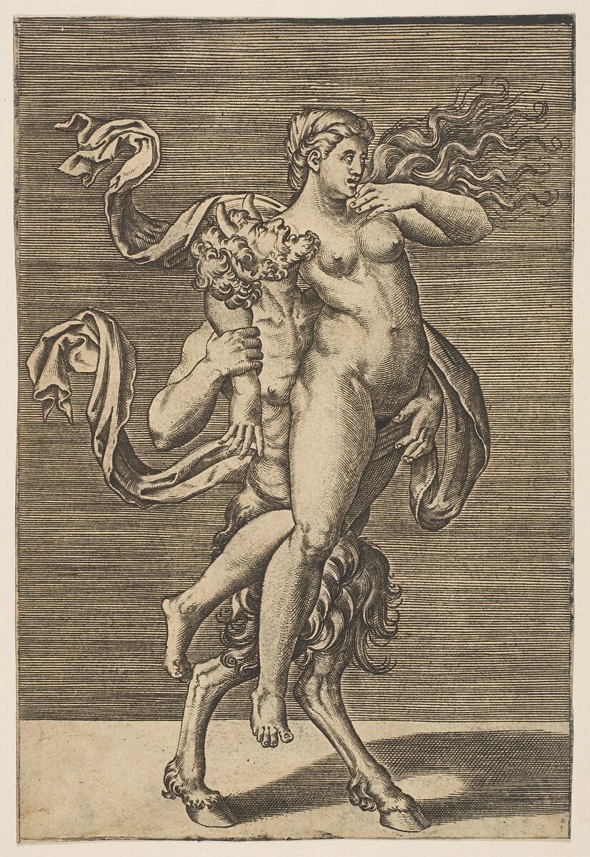 Satyr carrying a nymph restraining her right arm, Anonymous, Italian, 16th to early 17th century, Engraving 