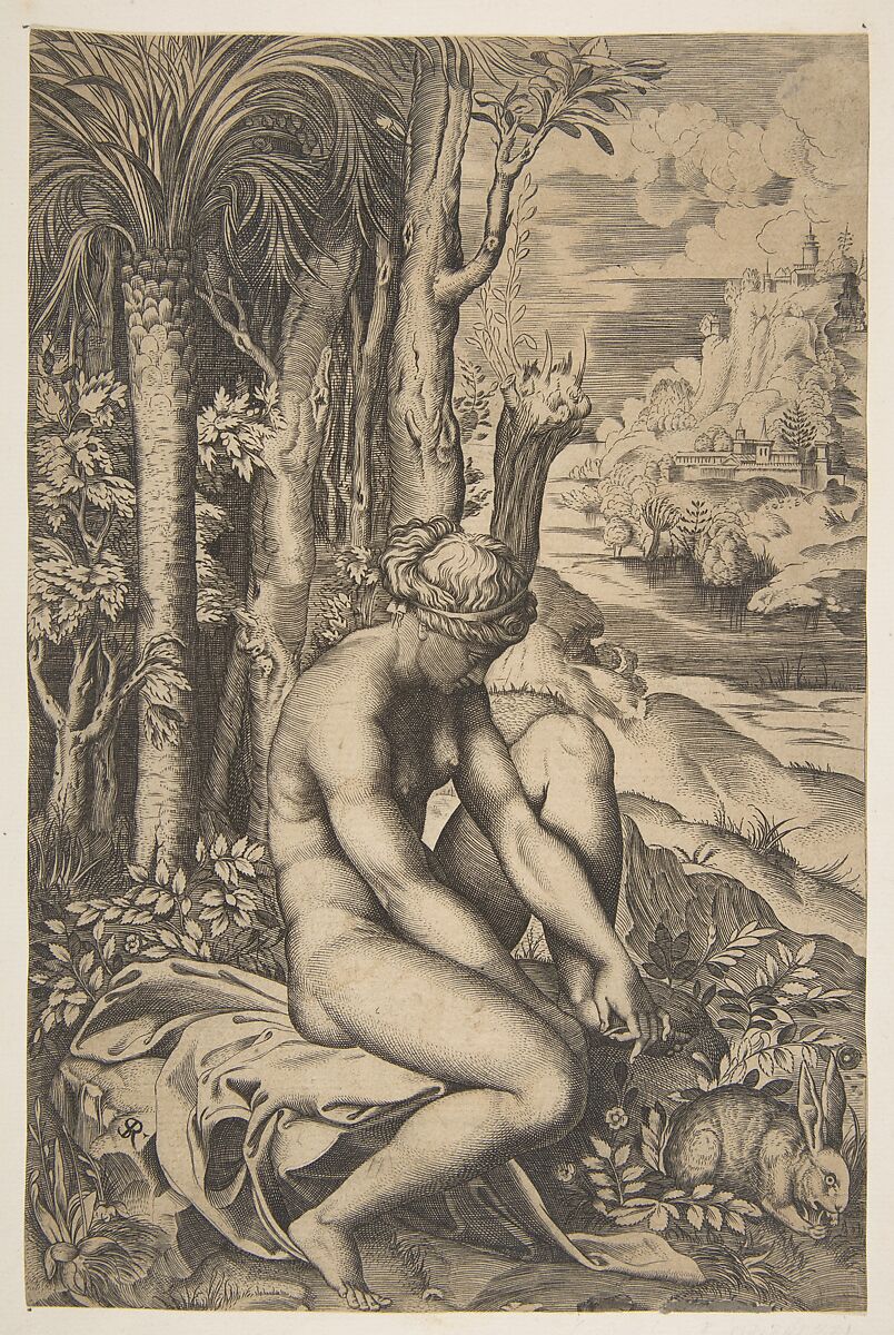 Venus removing a thorn from her left foot while seated on a cloth beside trees and foliage, a hare eating grass before her, Marco Dente (Italian, Ravenna, active by 1515–died 1527 Rome), Engraving 