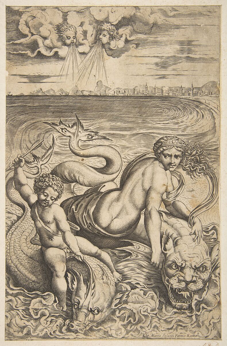 Venus and Cupid riding two sea monsters, Cupid raises an arrow in his right hand, two heads representing wind in the clouds above, Marco Dente (Italian, Ravenna, active by 1515–died 1527 Rome), Engraving 