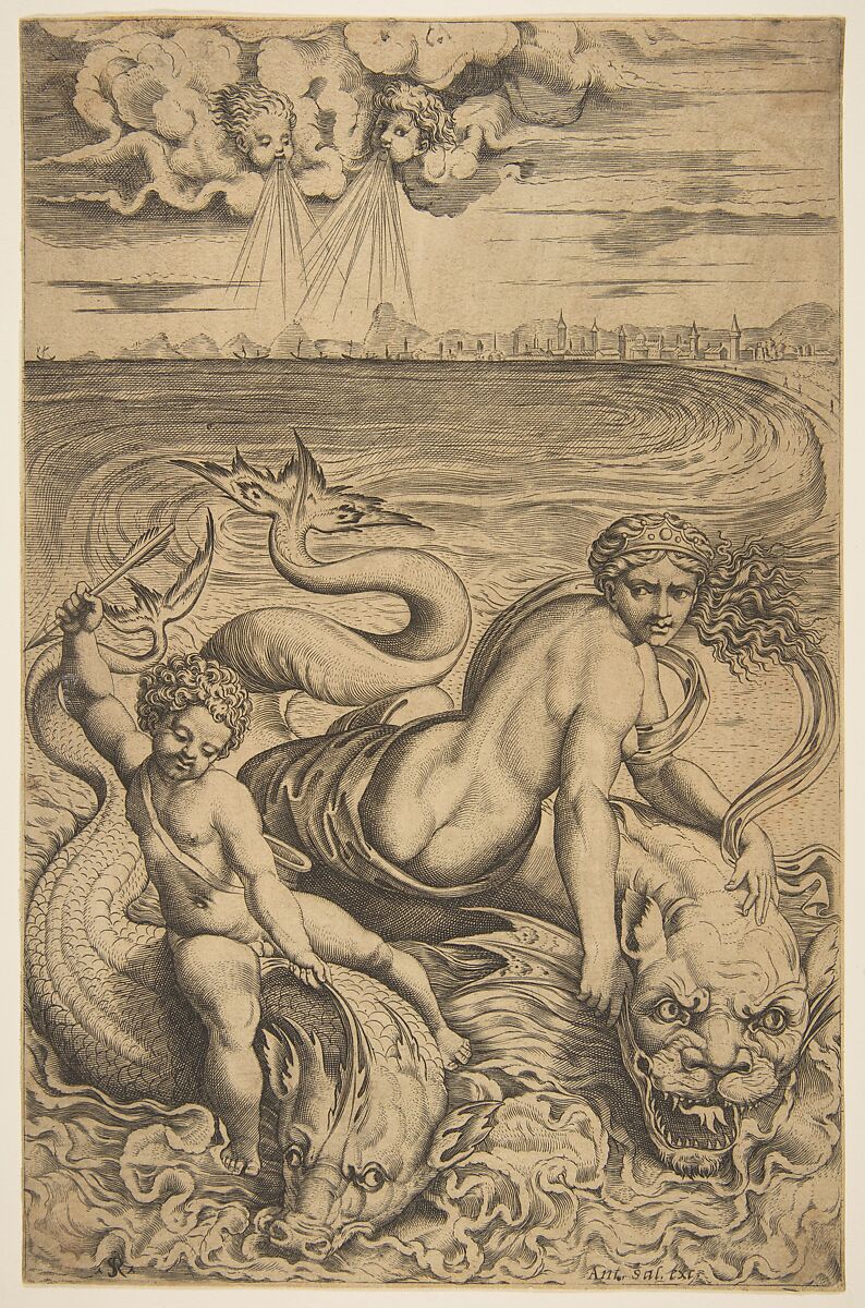 Venus and Cupid riding two sea monsters, Cupid raises an arrow in his right hand, two heads representing wind in the clouds above, Marco Dente (Italian, Ravenna, active by 1515–died 1527 Rome), Engraving 