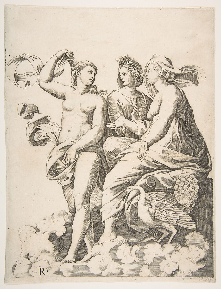 Juno, Ceres, and Psyche in the clouds conversing, Juno seated with a peacock at her feet, Ceres wearing a garland of wheat and Psyche partially naked and holding a cloth, Marco Dente (Italian, Ravenna, active by 1515–died 1527 Rome), Engraving 
