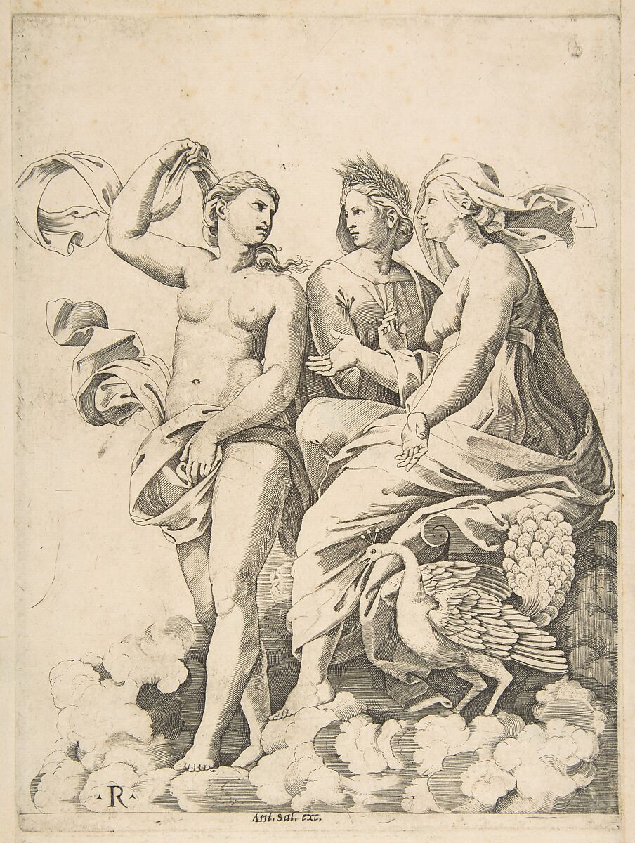 Juno, Ceres, and Psyche in the clouds conversing, Juno seated with a peacock at her feet, Ceres wearing a garland of wheat and Psyche partially naked and holding a cloth, Marco Dente (Italian, Ravenna, active by 1515–died 1527 Rome), Engraving 