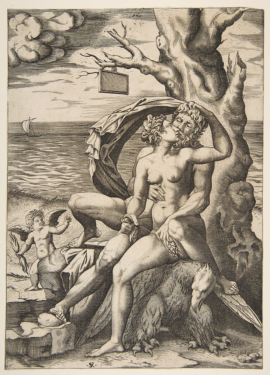 Jupiter and Semele embracing, an eagle beneath them, a tree at right with a blank tablet hanging from a branch, a winged putto holding a thunderbolt at left, Marco Dente (Italian, Ravenna, active by 1515–died 1527 Rome), Engraving 