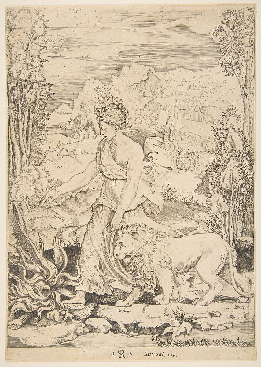 Fortitude in profile view walking toward a fire at left and leading a harnessed lion, a landscape in the background, Marco Dente (Italian, Ravenna, active by 1515–died 1527 Rome), Engraving 