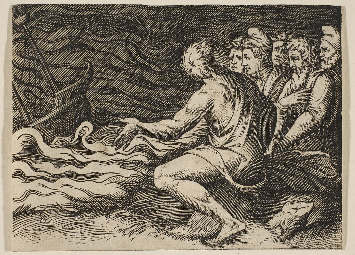 A group of figures at right witnessing a shipwreck, Marco Dente (Italian, Ravenna, active by 1515–died 1527 Rome), Engraving 
