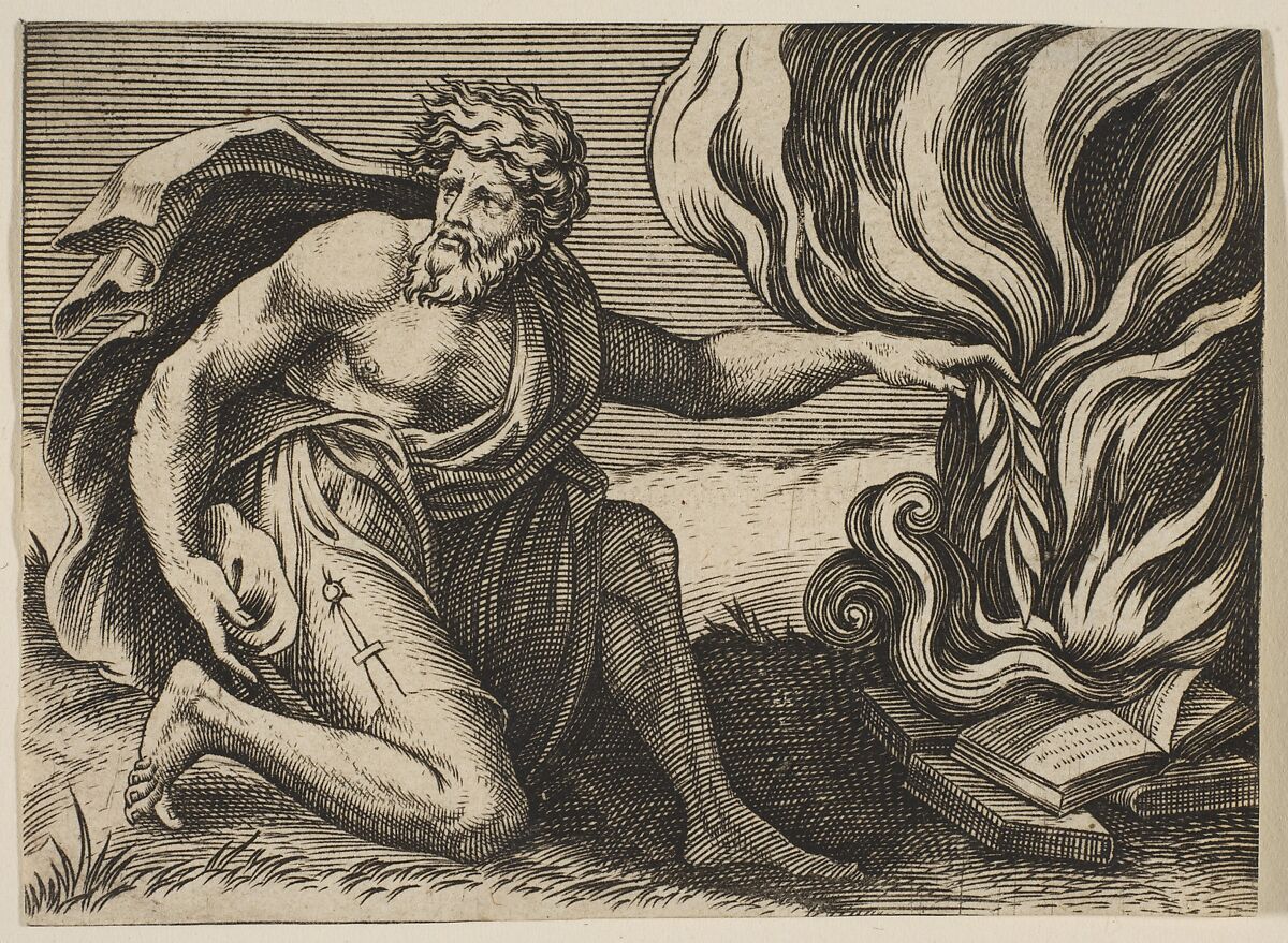 A man kneeling and placing a laurel branch upon a pile of burning books, Marco Dente (Italian, Ravenna, active by 1515–died 1527 Rome), Engraving 