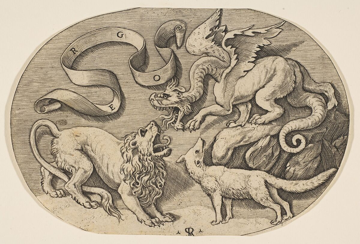 A lion, dragon and fox fighting each other, an inscribed banderole above, an oval composition, Marco Dente (Italian, Ravenna, active by 1515–died 1527 Rome), Engraving 