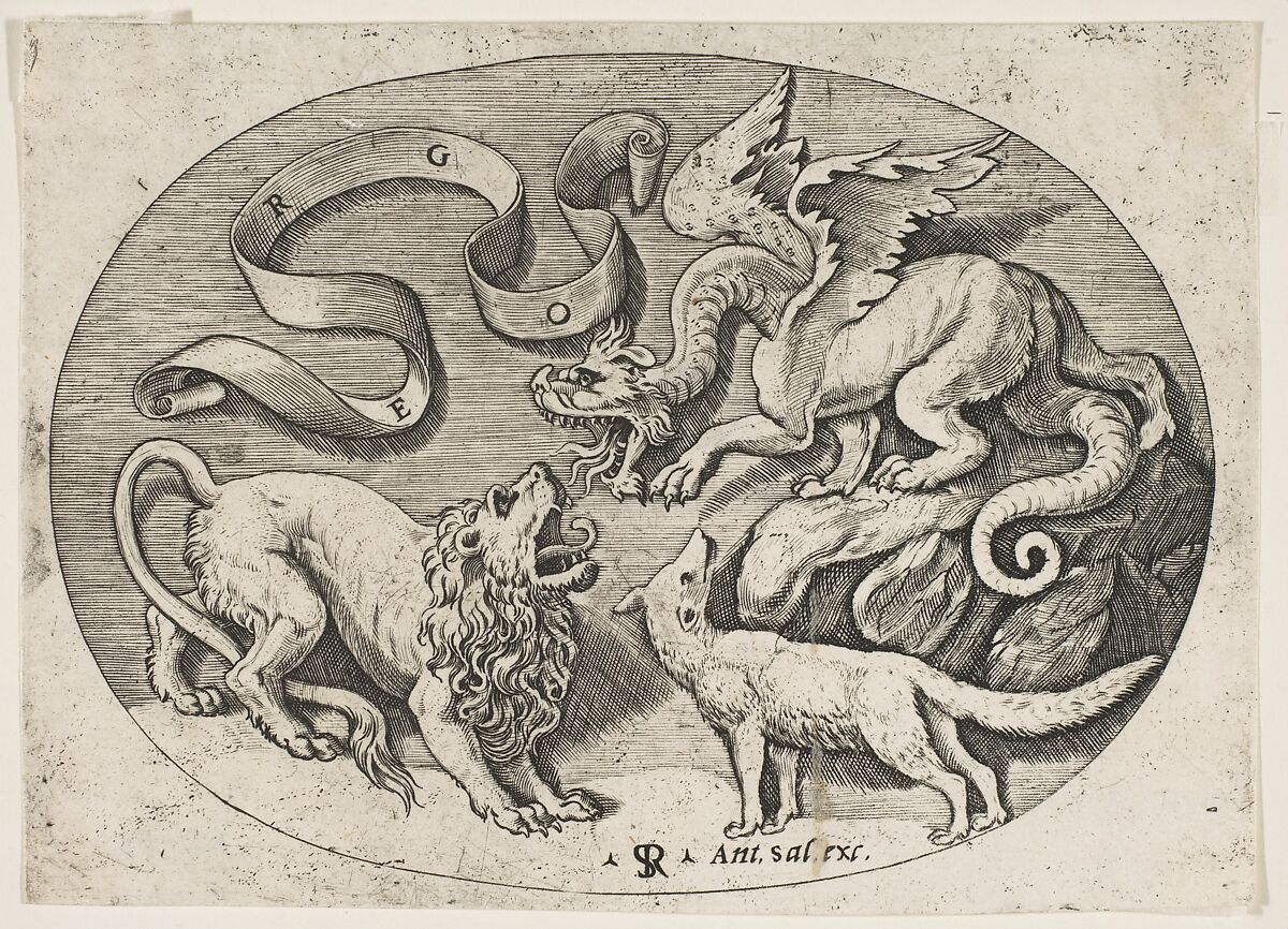 A lion, dragon and fox fighting each other, an inscribed banderole above, an oval composition, Marco Dente (Italian, Ravenna, active by 1515–died 1527 Rome), Engraving 
