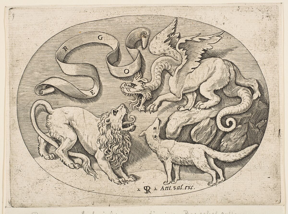 A lion, dragon and fox fighting each other, an inscribed banderole above, an oval composition, Marco Dente (Italian, Ravenna, active by 1515–died 1527 Rome), Engraving 