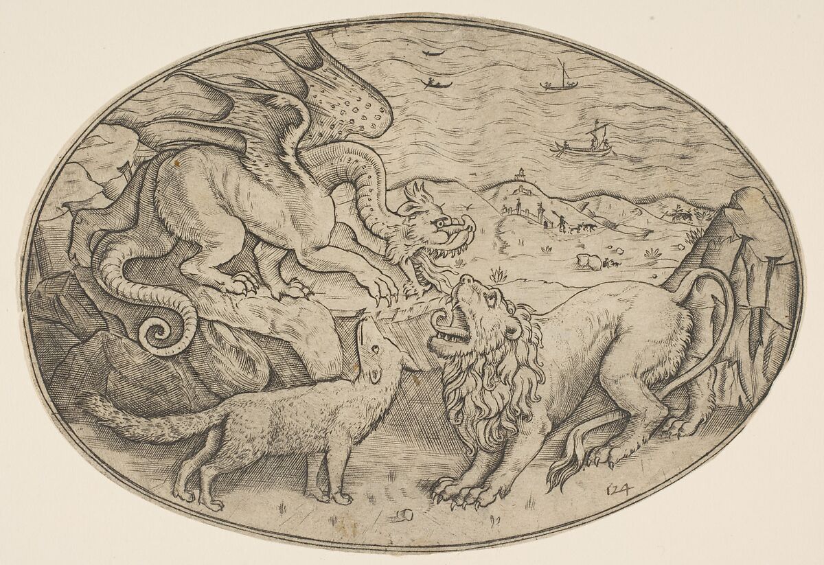 A lion, dragon and fox fighting each other, boats on the sea in the background, an oval composition, Anonymous, Italian, 16th to early 17th century, Engraving 