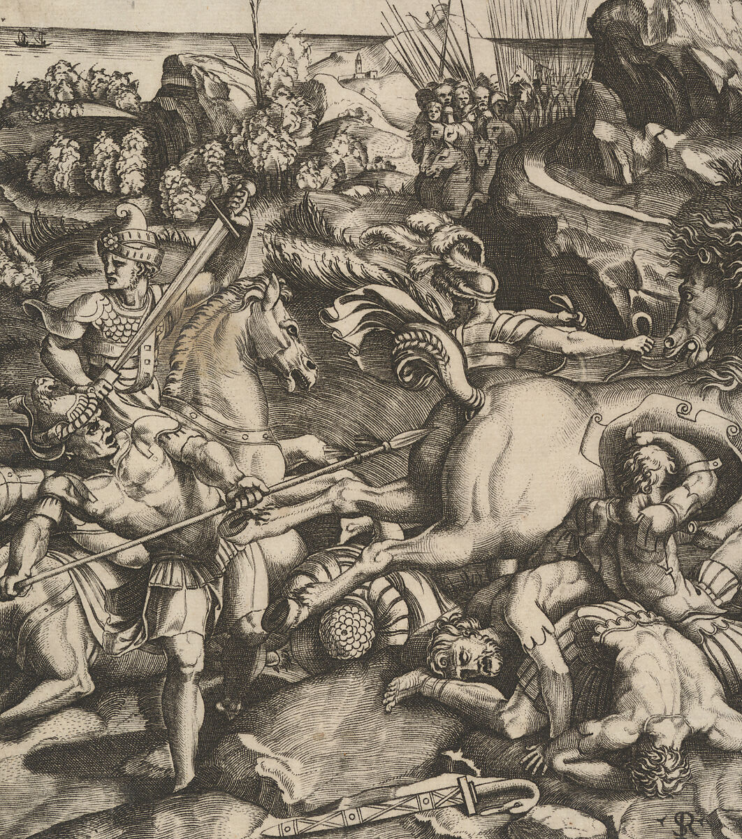 Battle scene in a landscape with soldiers on horseback and several fallen men, another group of riders in the background, Marco Dente (Italian, Ravenna, active by 1515–died 1527 Rome), Engraving
