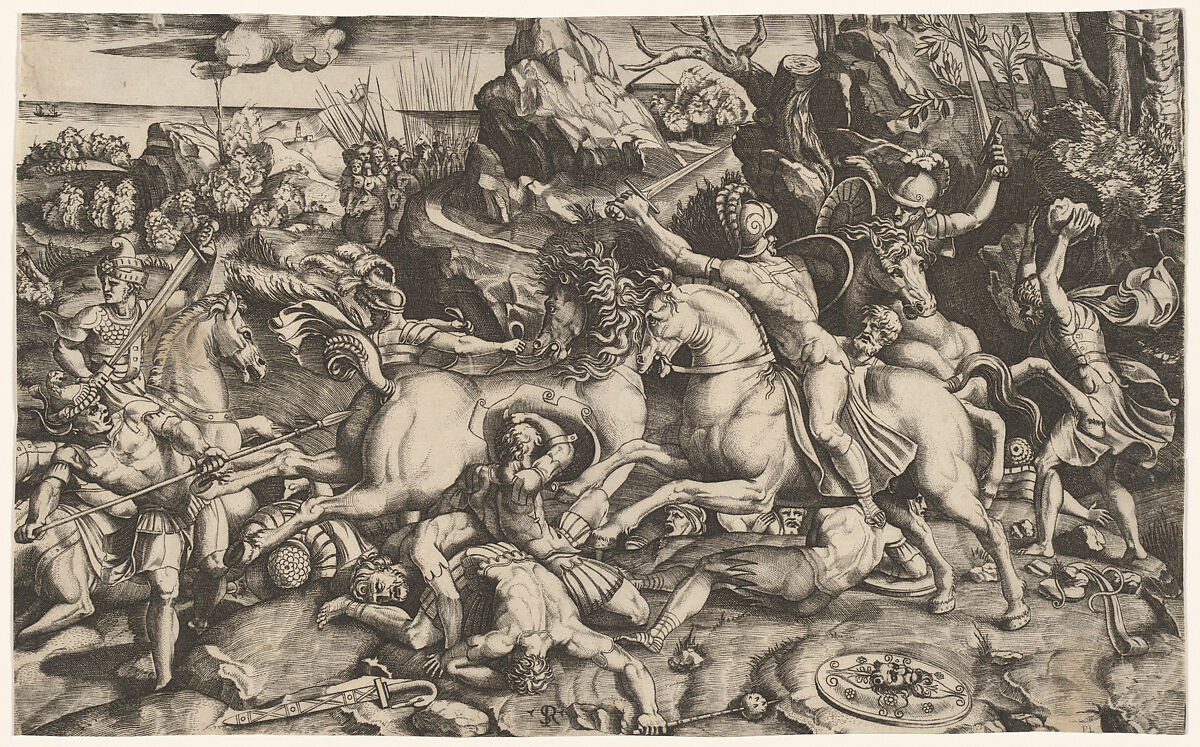 Battle scene in a landscape with soldiers on horseback and several fallen men, another group of riders in the background, Marco Dente (Italian, Ravenna, active by 1515–died 1527 Rome), Engraving