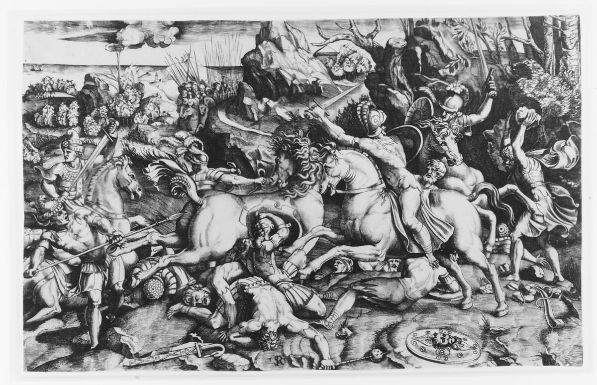 Battle scene in a landscape with soldiers on horseback and several fallen men, another group of riders in the background, Marco Dente (Italian, Ravenna, active by 1515–died 1527 Rome), Engraving