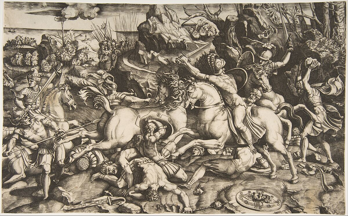 Battle scene in a landscape with soldiers on horseback and several fallen men, another group of riders in the background, Marco Dente (Italian, Ravenna, active by 1515–died 1527 Rome), Engraving 