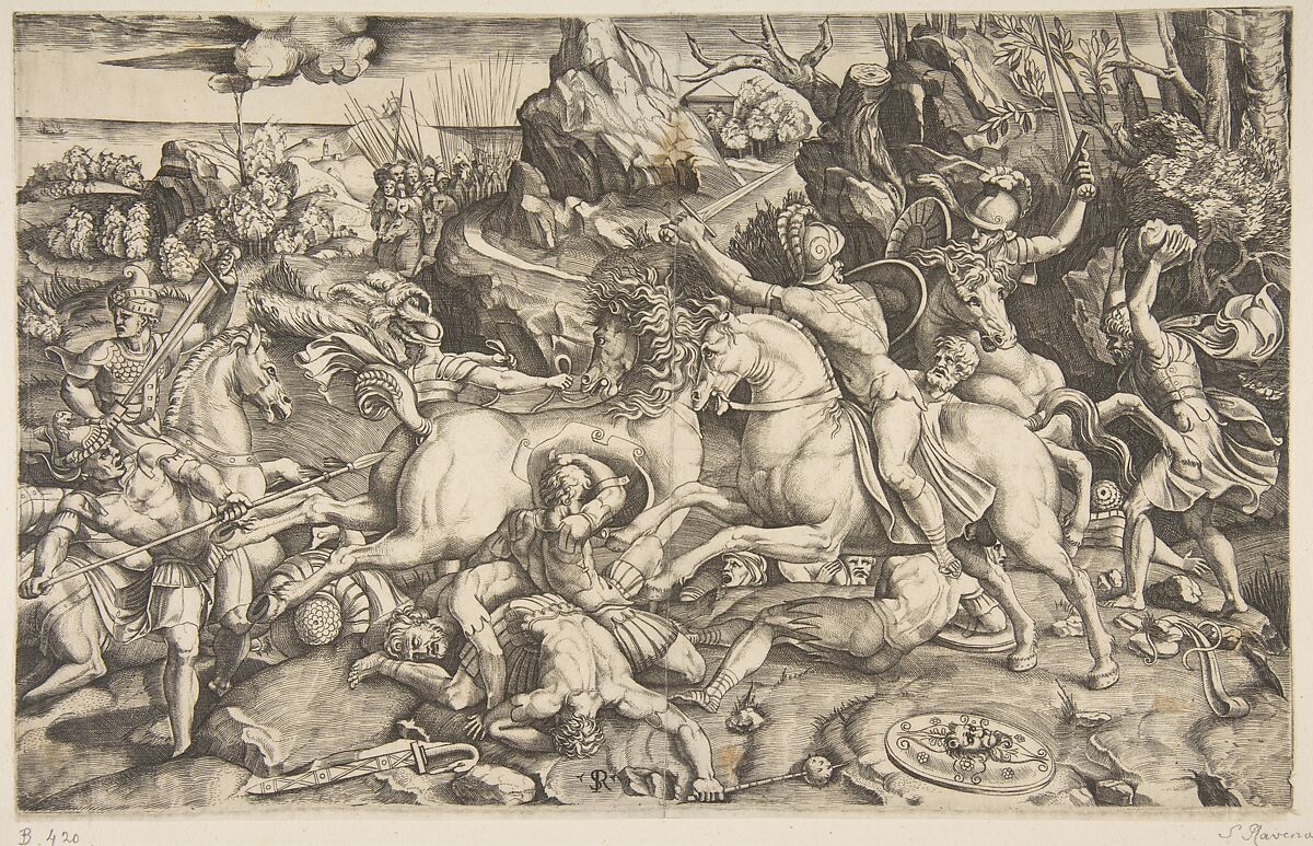 Battle scene in a landscape with soldiers on horseback and several fallen men, another group of riders in the background, Marco Dente (Italian, Ravenna, active by 1515–died 1527 Rome), Engraving 