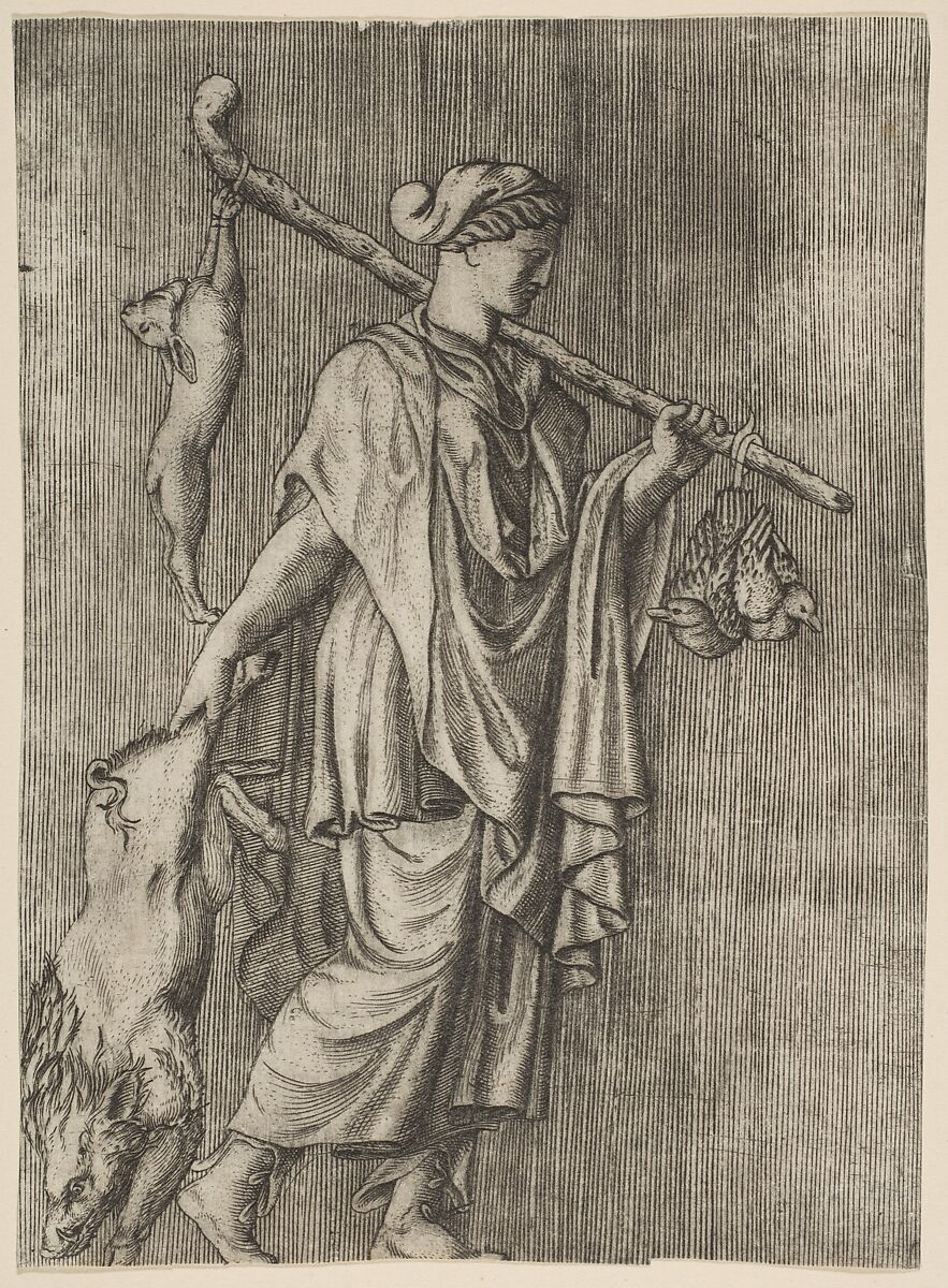 Woman returning from a hunt carrying a boar in her right hand and a stick on her left shoulder to which a hare and two ducks are tied, Marco Dente (Italian, Ravenna, active by 1515–died 1527 Rome), Engraving 