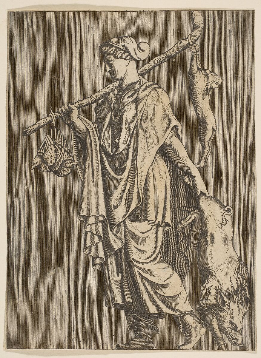 Woman returning from a hunt carrying a boar in her left hand and a stick on her right shoulder to which a hare and two ducks are tied, Anonymous, Italian, 16th to early 17th century, Engraving 