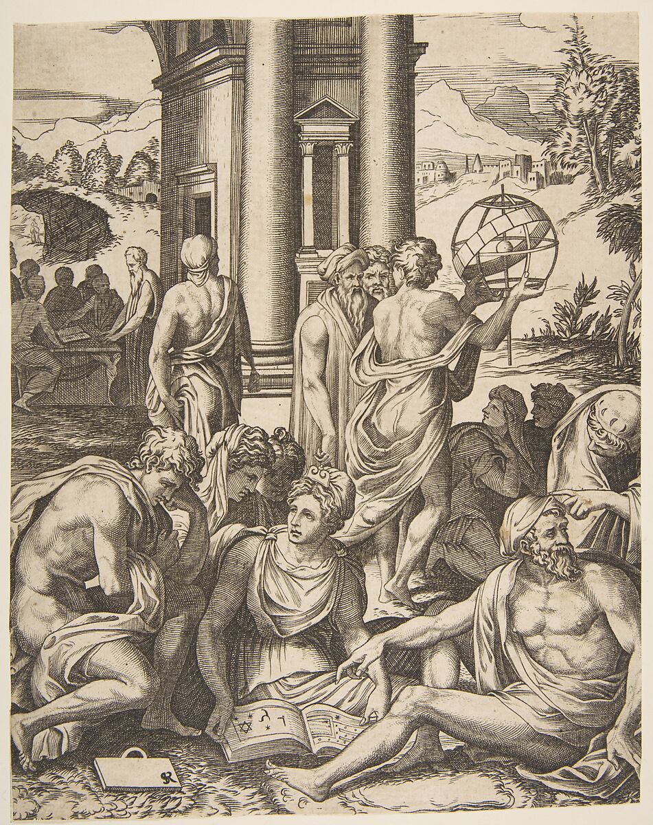 Assembly of male and female scholars gathered around an open book, in the middle ground a man holds aloft an armillary sphere, another group of scholars in the background, Marco Dente (Italian, Ravenna, active by 1515–died 1527 Rome), Engraving 
