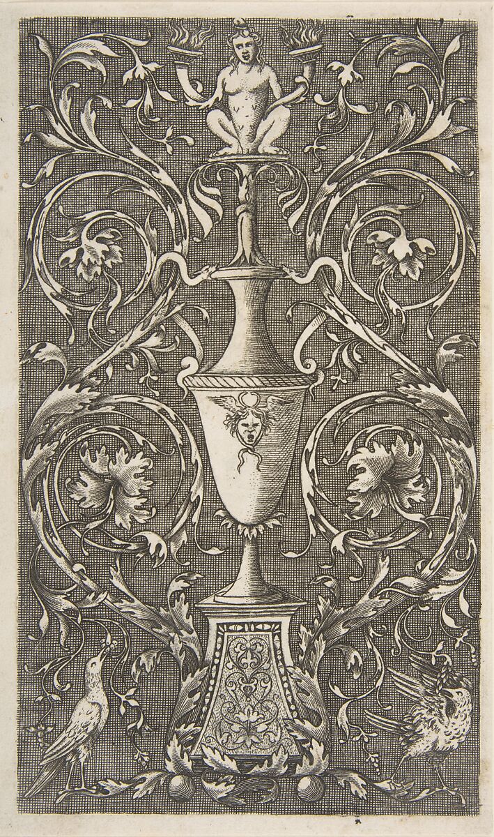 Grotesque with a vase, birds and acanthus scrolls, Anonymous, Italian, 16th to early 17th century, Engraving 