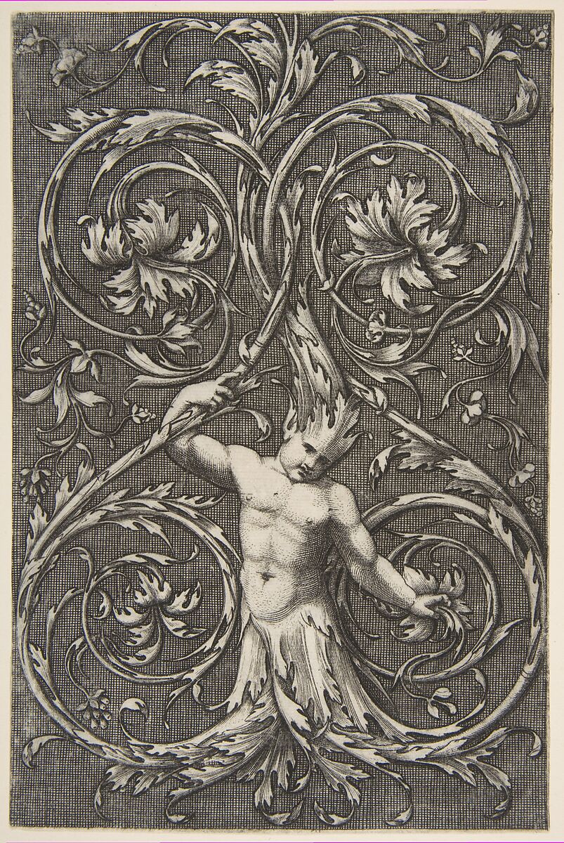 Grotesque with male figure with lower body and head of acanthus scrolls, Anonymous, Italian, 16th to early 17th century, Engraving 