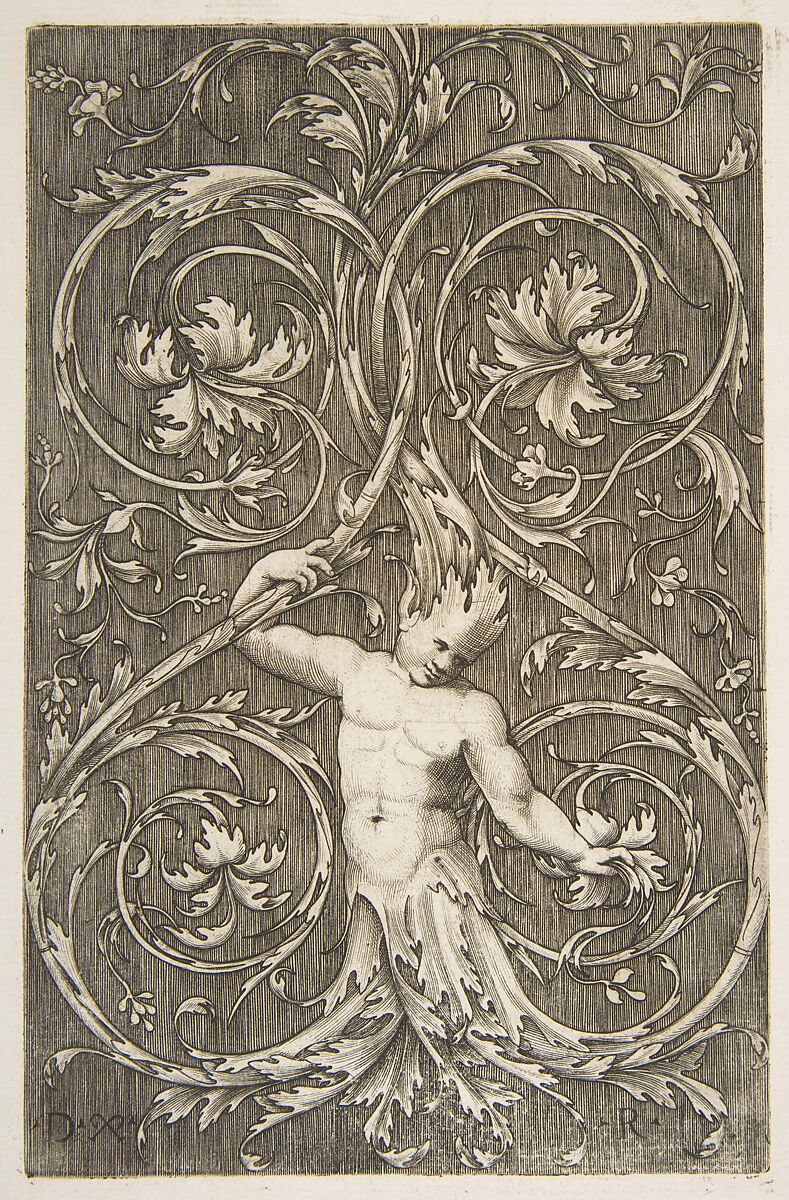 Grotesque with male figure with lower body and head of acanthus scrolls, Marco Dente (Italian, Ravenna, active by 1515–died 1527 Rome), Engraving 