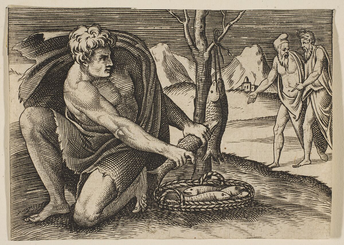 A man kneeling next to a basket of fish and taking one with both hands, two men at right in the background, Marco Dente (Italian, Ravenna, active by 1515–died 1527 Rome), Engraving 