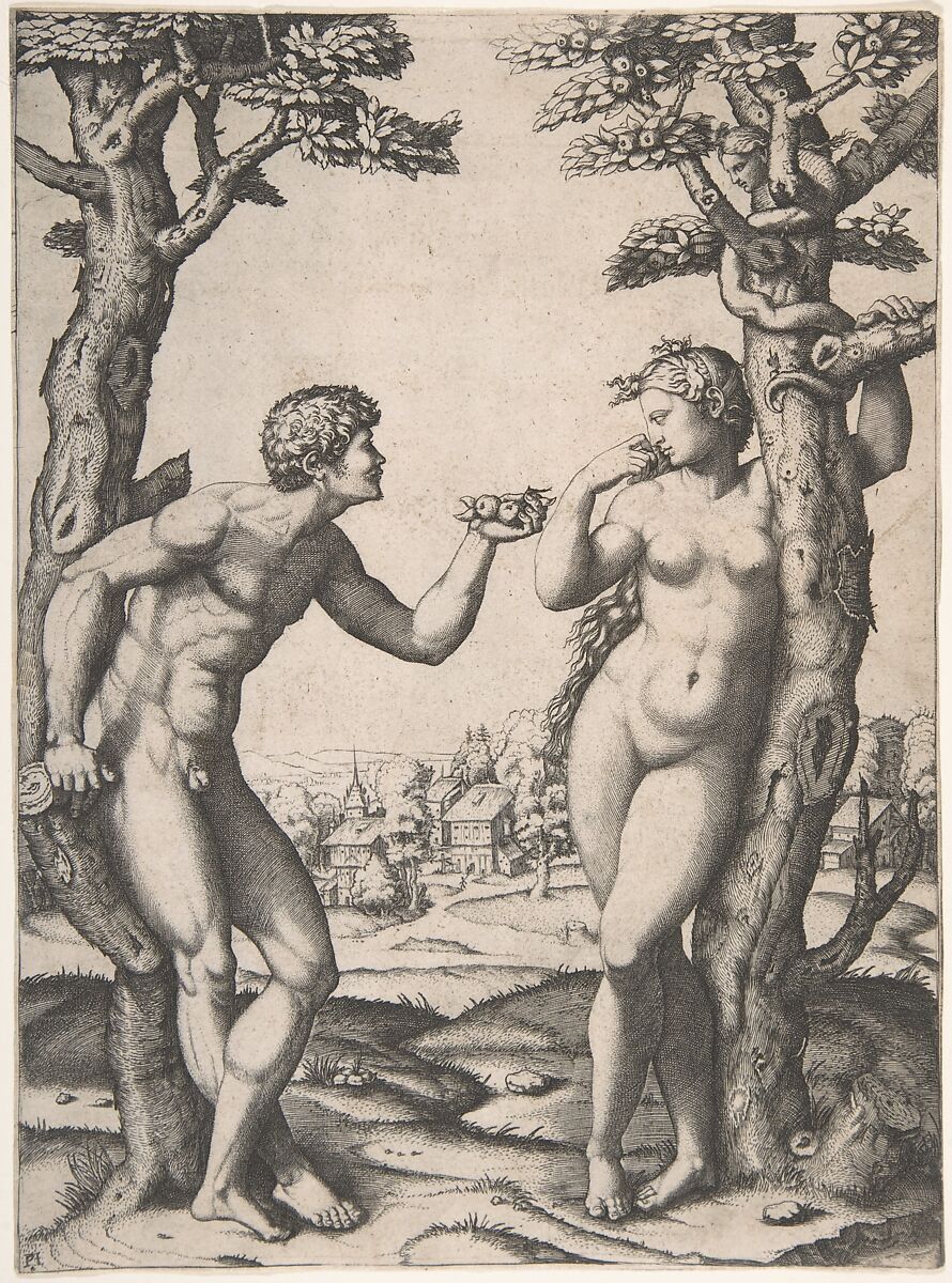 Adam and Eve flanked by two trees, a town in the background, Marcantonio Raimondi (Italian, Argini (?) ca. 1480–before 1534 Bologna (?)), Engraving 