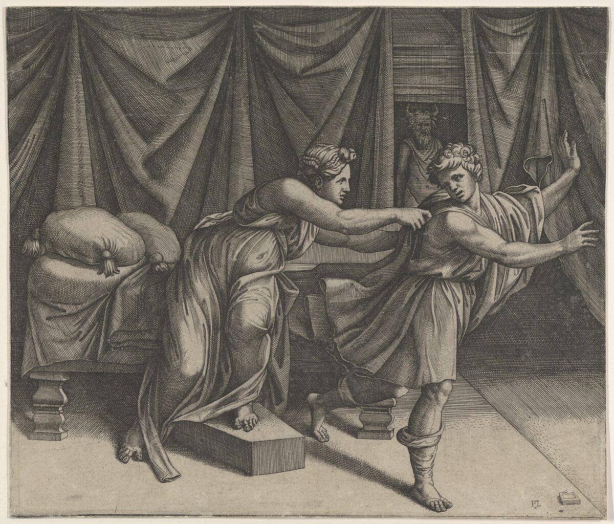 Joseph fleeing from Potiphar's wife, Marcantonio Raimondi (Italian, Argini (?) ca. 1480–before 1534 Bologna (?)), Engraving 