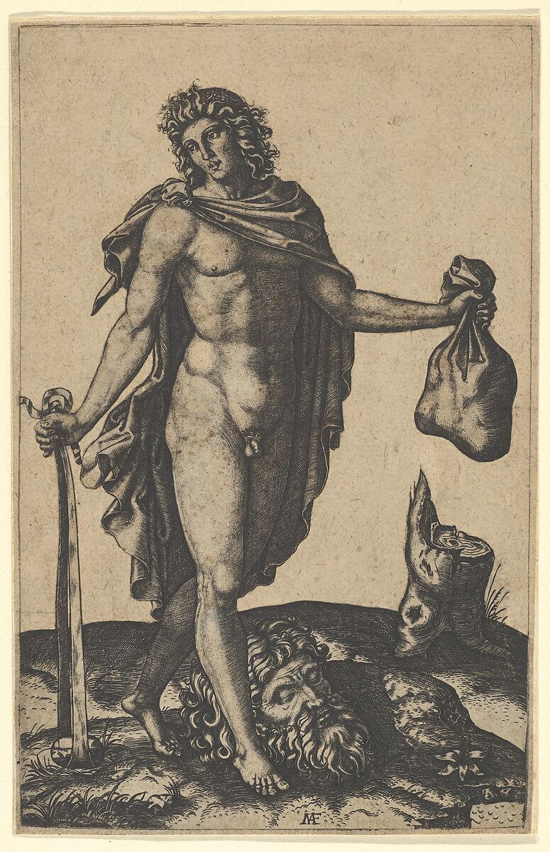 David standing, sword in lowered right hand, sack in the left, the head of Goliath on the ground beneath him, Marcantonio Raimondi (Italian, Argini (?) ca. 1480–before 1534 Bologna (?)), Engraving; the figure, ground and tree stump cut out and pasted to secondary support 