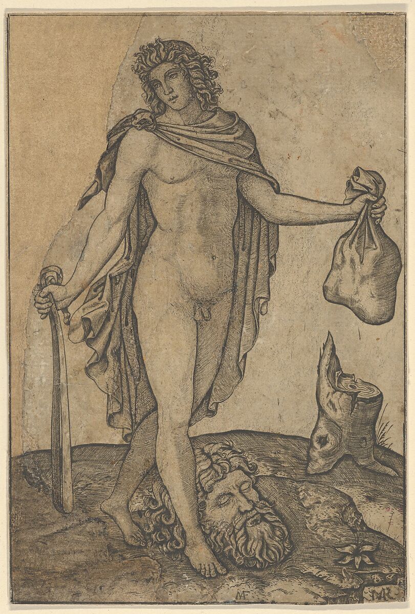 David standing, sword in lowered right hand, sack in the left, the head of Goliath on the ground beneath him, Marcantonio Raimondi (Italian, Argini (?) ca. 1480–before 1534 Bologna (?)), Engraving, damaged and partially cut along left side and bottom and made up with pen and ink 